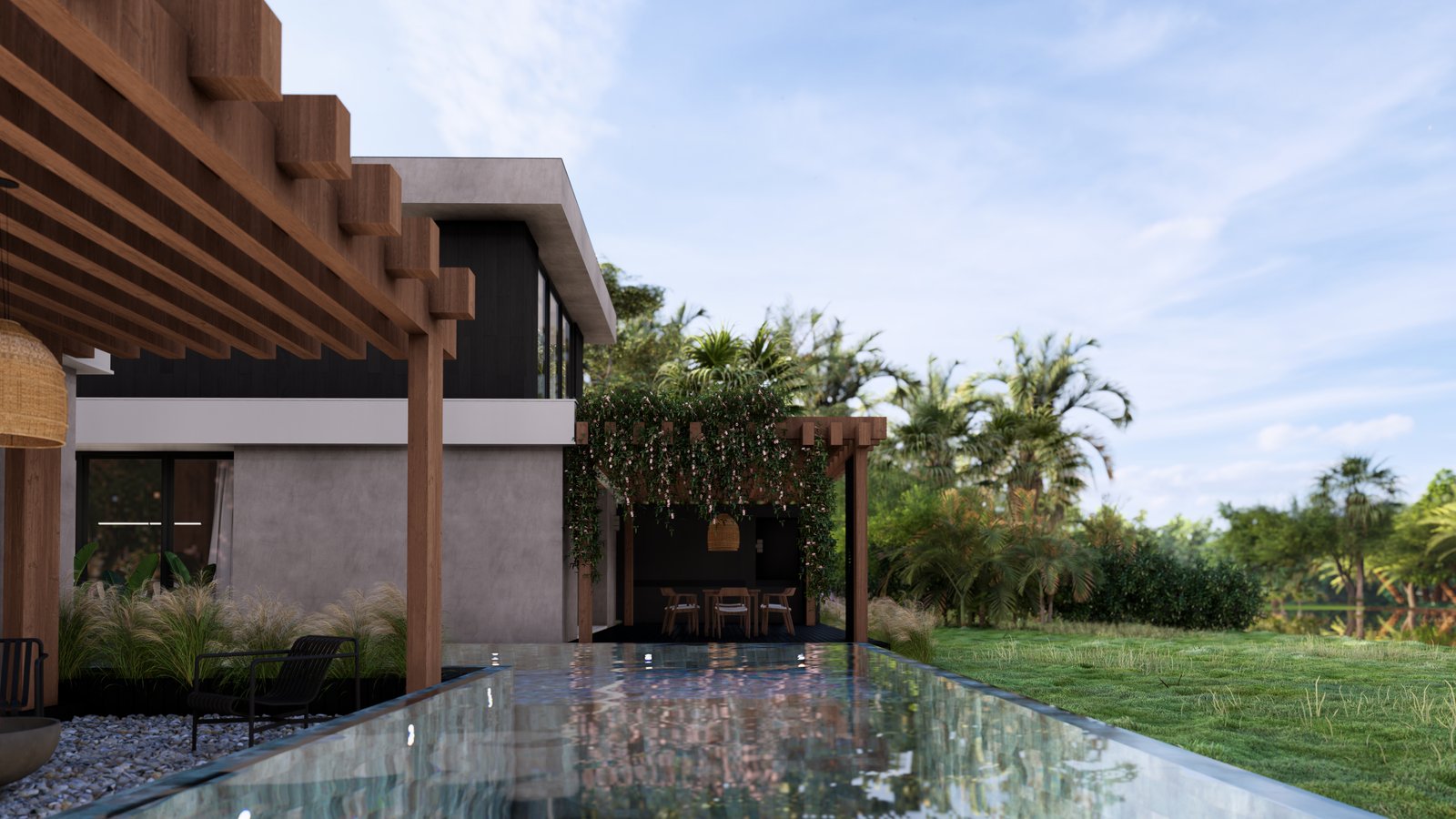 Terraza moderna con piscina, pérgola de madera y vegetación exuberante — proyecto Casa SF, por Hermann Arquitectos, en Los Cipreses 2