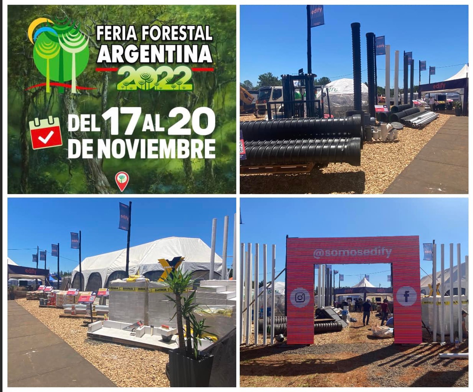 Estrutura industrial metálica com arco vermelho e sinalização — projeto Expo Forestal Posadas. Primer premio al diseno de Stand., por Arquitecto Gustavo Maidana, em Posadas