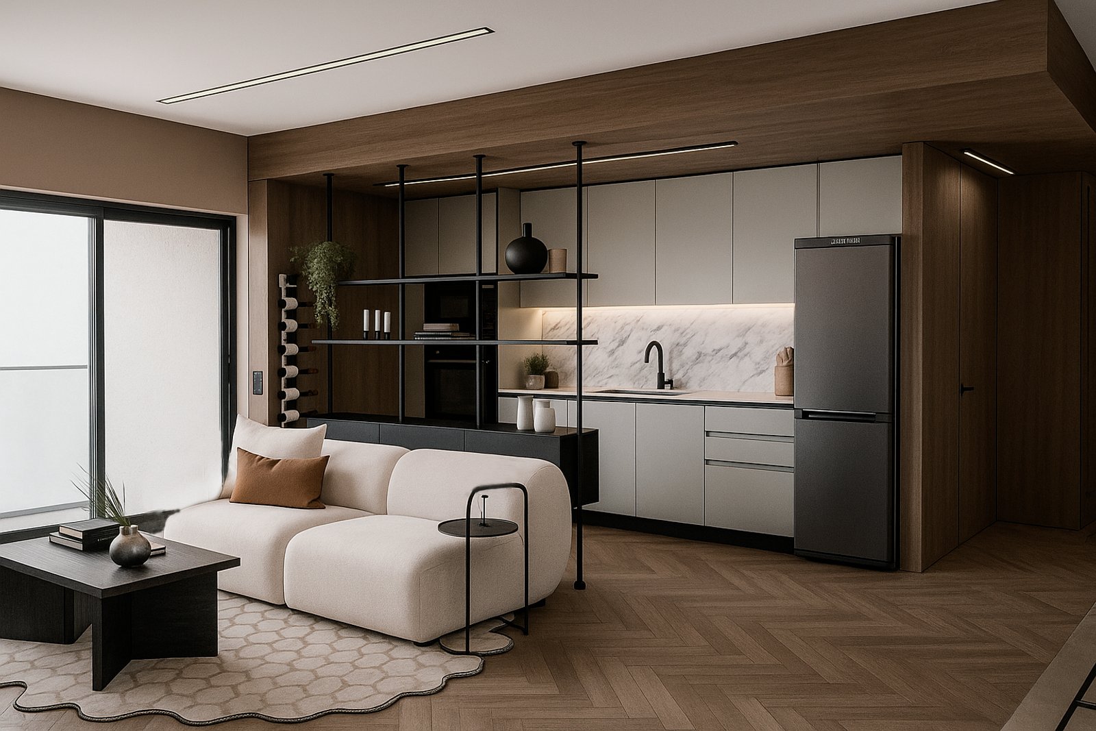 Living comedor moderno con isla de cocina blanca — proyecto Los Incas - Piso 2, por Tali Estudio, en Av. de los Incas 3190
