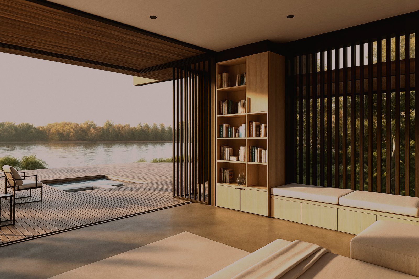 Living moderno con vista al lago y muebles minimalistas — proyecto Casa Delta, por zuloagastudio, en B1648 Tigre