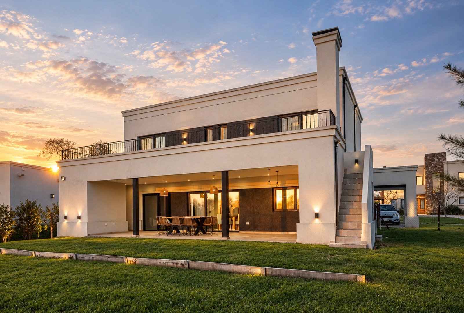 Fachada moderna branca com sala de jantar externa sob pergolado — projeto SS45, por EZ architects, em Pilar