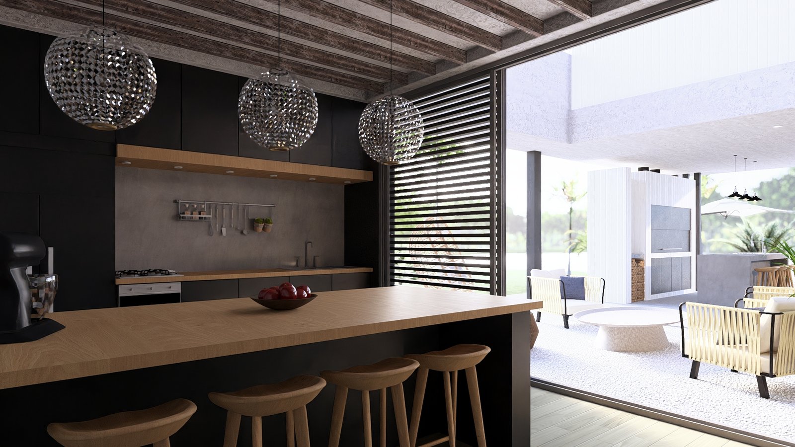 Cocina moderna semi-exterior con vigas de madera y barra — proyecto Casa TL, por Hermann Arquitectos, en J95J+2C