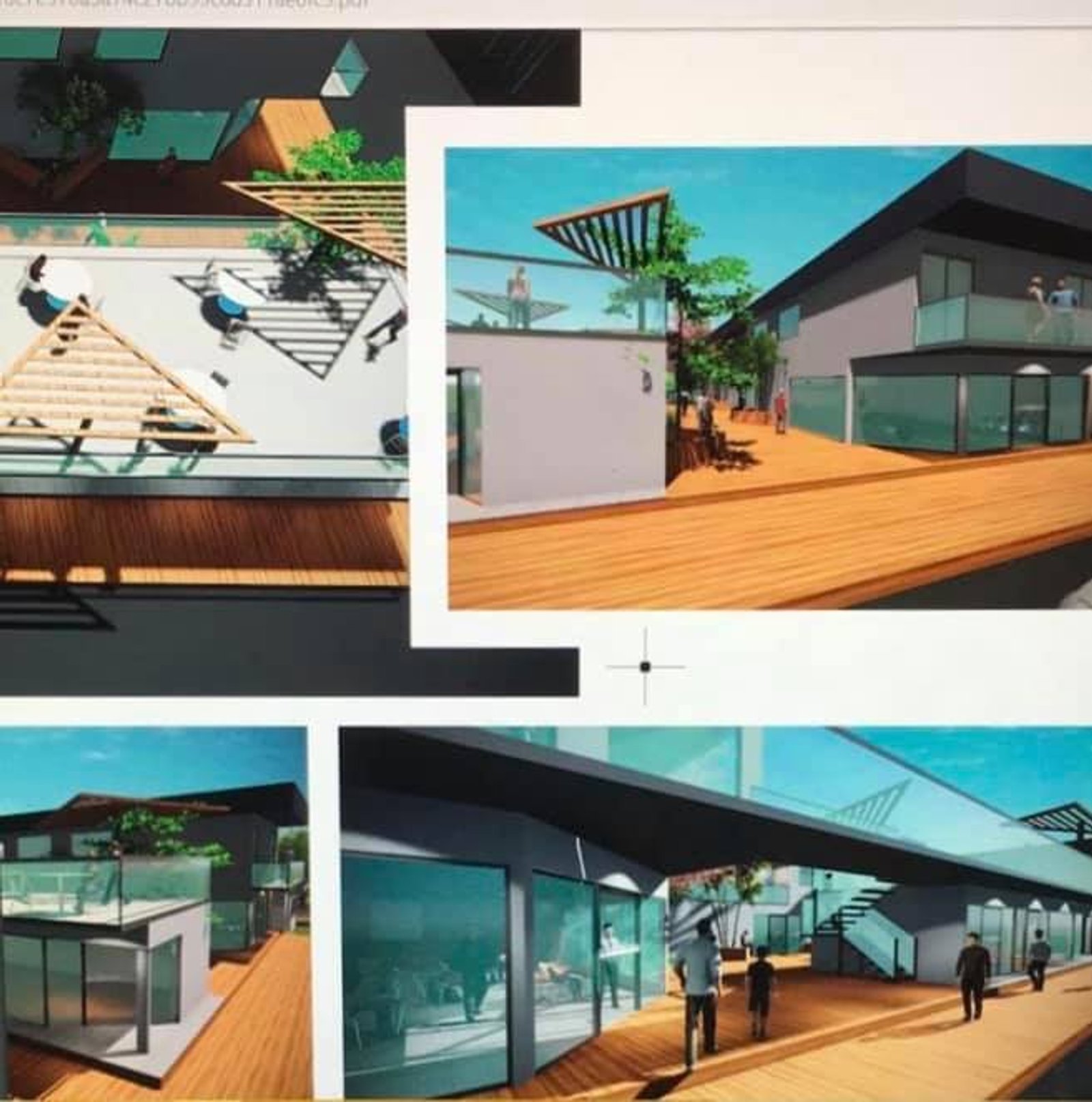 Fachada comercial moderna com decks de madeira e grandes janelas — projeto Complejo Comercial en Paso de La Patria, por Arquitecto Gustavo Maidana, em Paso de la Patria