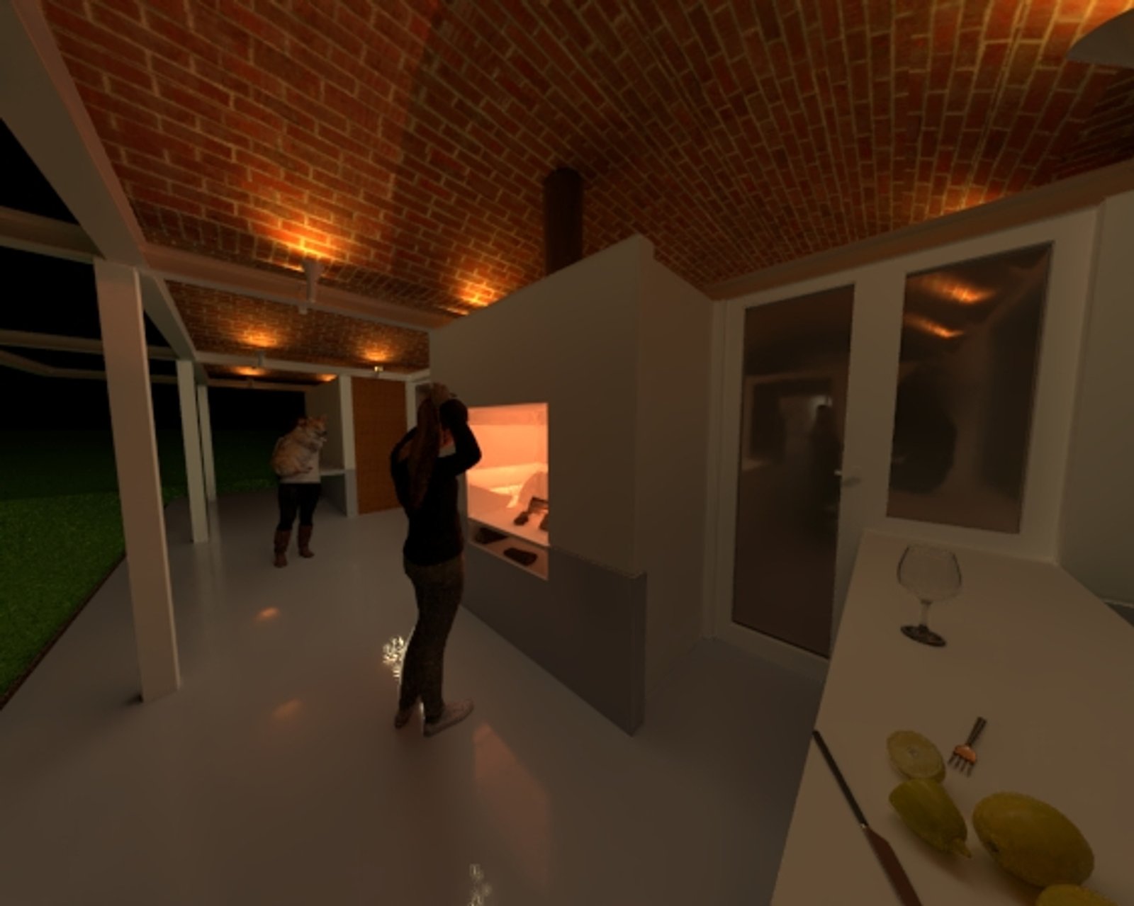 Cocina moderna abierta con techo de ladrillos a la vista — proyecto Monopol , por Agostina Litvak , en Pilar