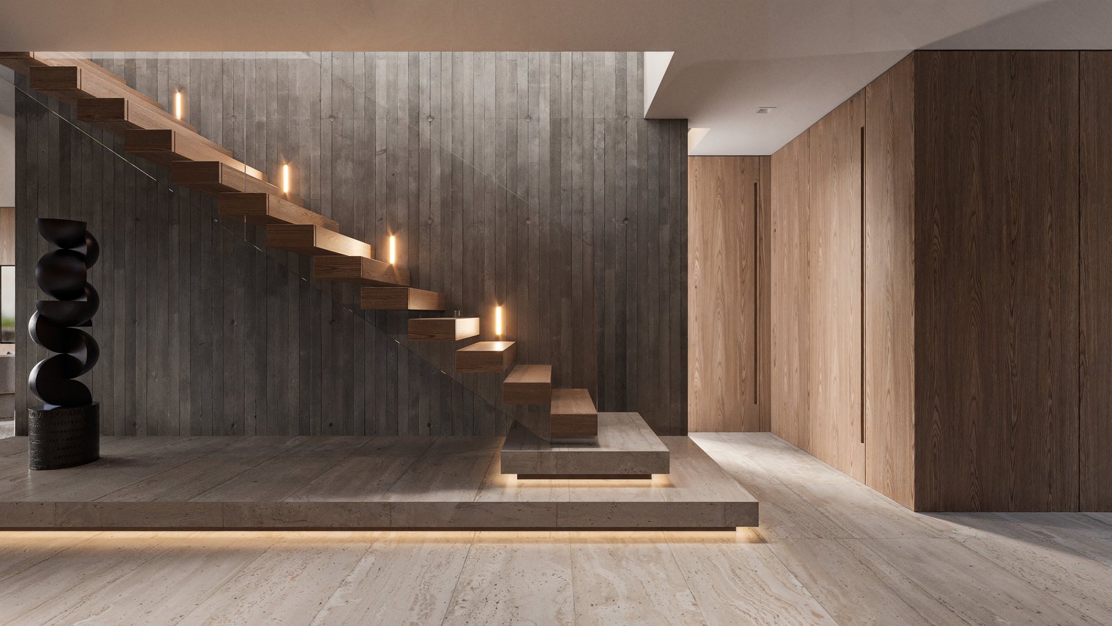 Escalera flotante moderna con pared de hormigón y madera — proyecto Casa CALMA, por Grupo CRBN, en Av. de los Lagos 100