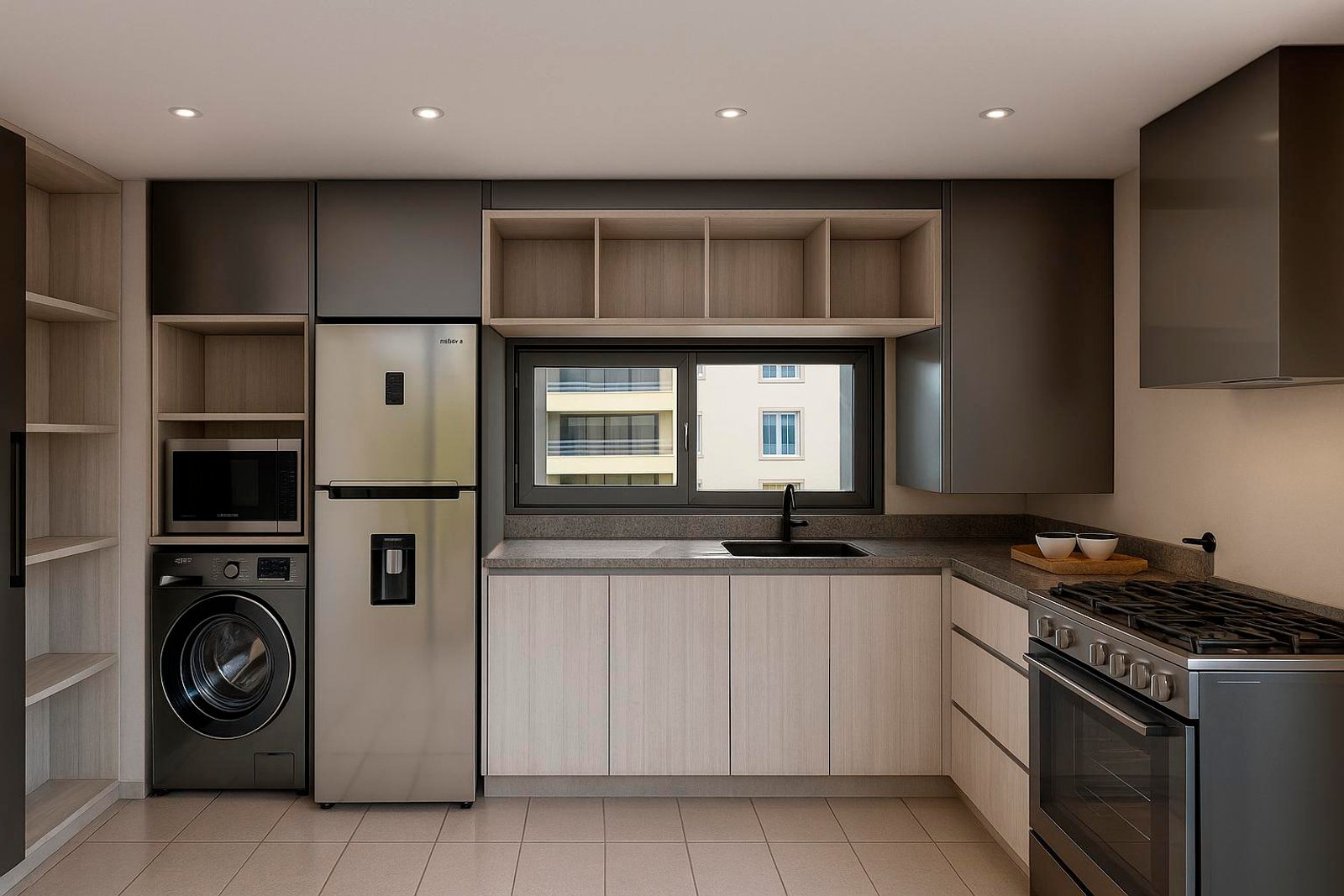 Cocina moderna con electrodomésticos de acero inoxidable y gabinetes blancos — proyecto Diseño de mobiliario en cocina, CABA, por Estudio cardo, en Arenales 1176