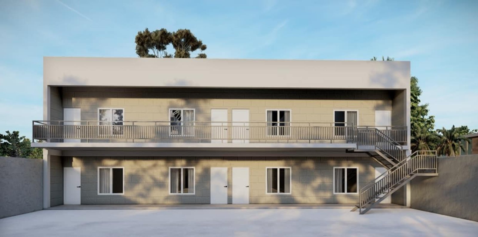 prédio moderno de dois andares com escada externa — projeto Complejo de Departamentos, por Arquitecto Gustavo Maidana, em Caá Catí