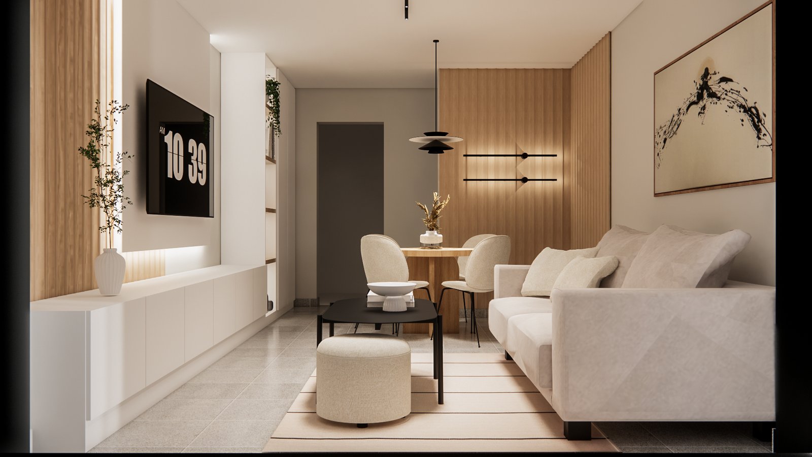 Sala de jantar escandinava moderna com painéis de madeira e iluminação indireta — projeto Sala de estar contemporánea y cálida, por Mela Deco Design, em Buenos Aires