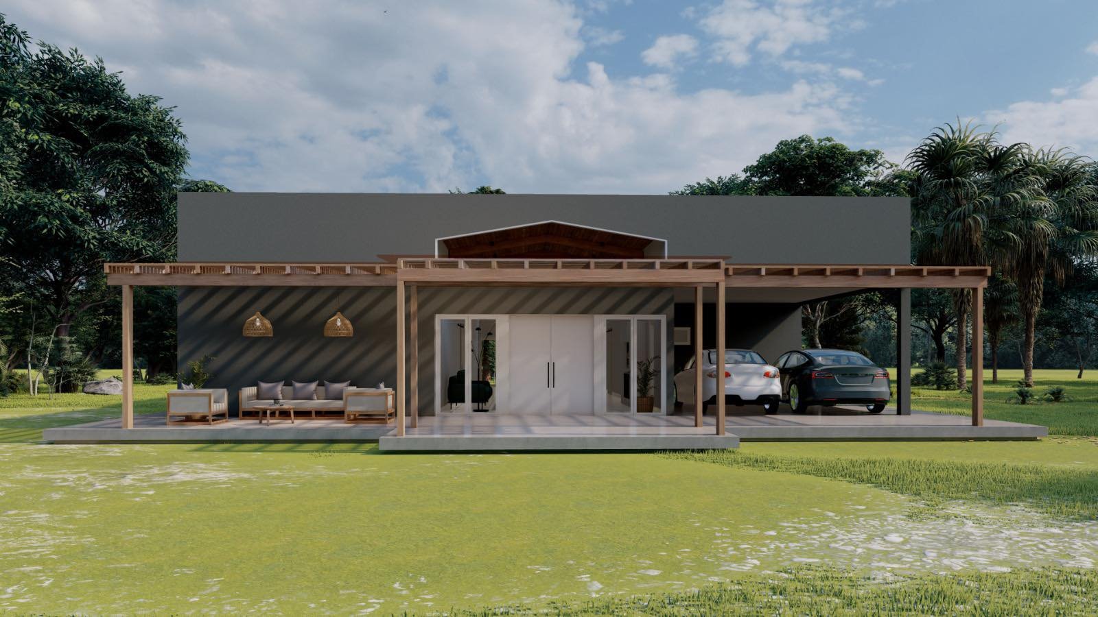 fachada moderna com pergolado e área de estar externa — projeto Casa de Campo, por Arquitecto Gustavo Maidana, em Col. Santa Rosa
