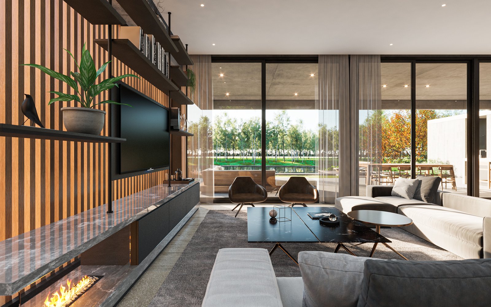 Living moderno con pared de madera, hogar integrado y ventanales — proyecto Casa PUERTOS, por Grupo CRBN, en Provincia de Buenos Aires