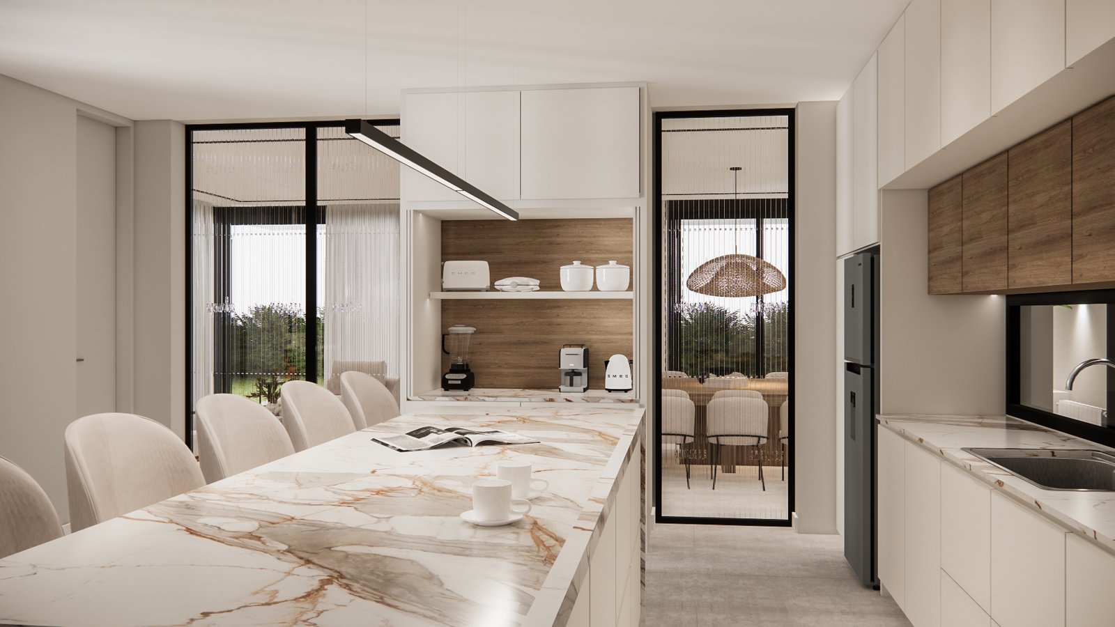 Cocina moderna abierta con isla de mármol y comedor — proyecto Casa moderna con espacio de cocina integrada, por Mela Deco Design, en Buenos Aires