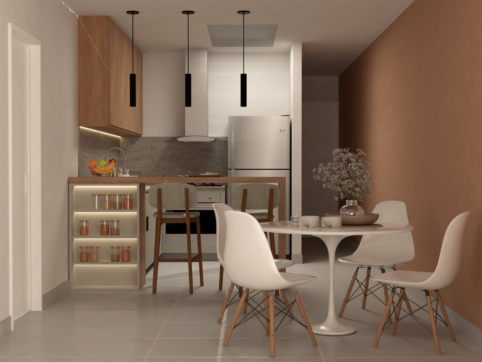 Cocina y comedor modernos de estilo escandinavo con pared terracota — proyecto Edificio de departamentos con resto Bar en roftop., por Arquitecto Gustavo Maidana, en Caá Catí