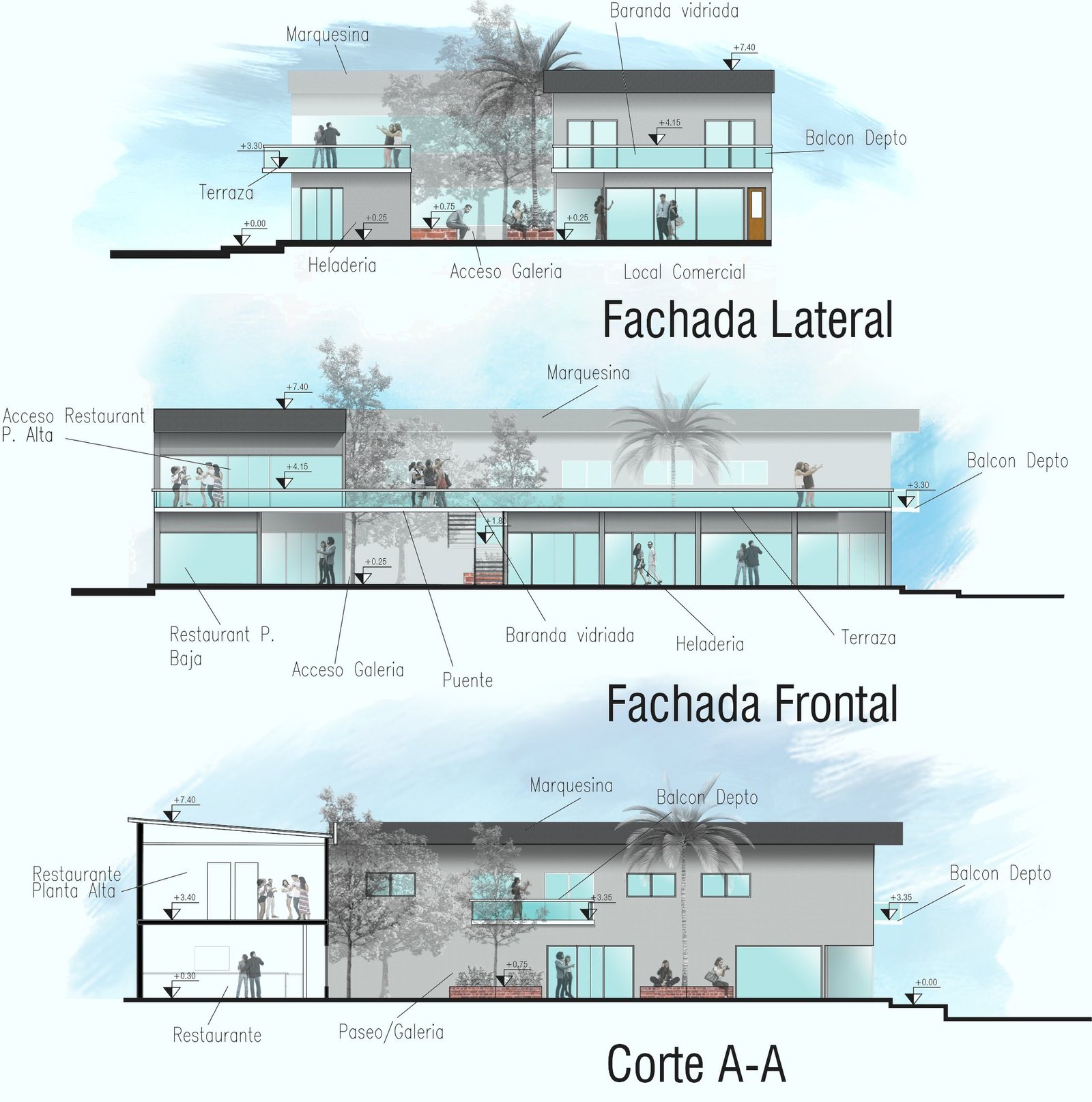 fachada de edificio comercial moderno con balcones y vegetación — proyecto Complejo Comercial en Paso de La Patria, por Arquitecto Gustavo Maidana, en Paso de la Patria