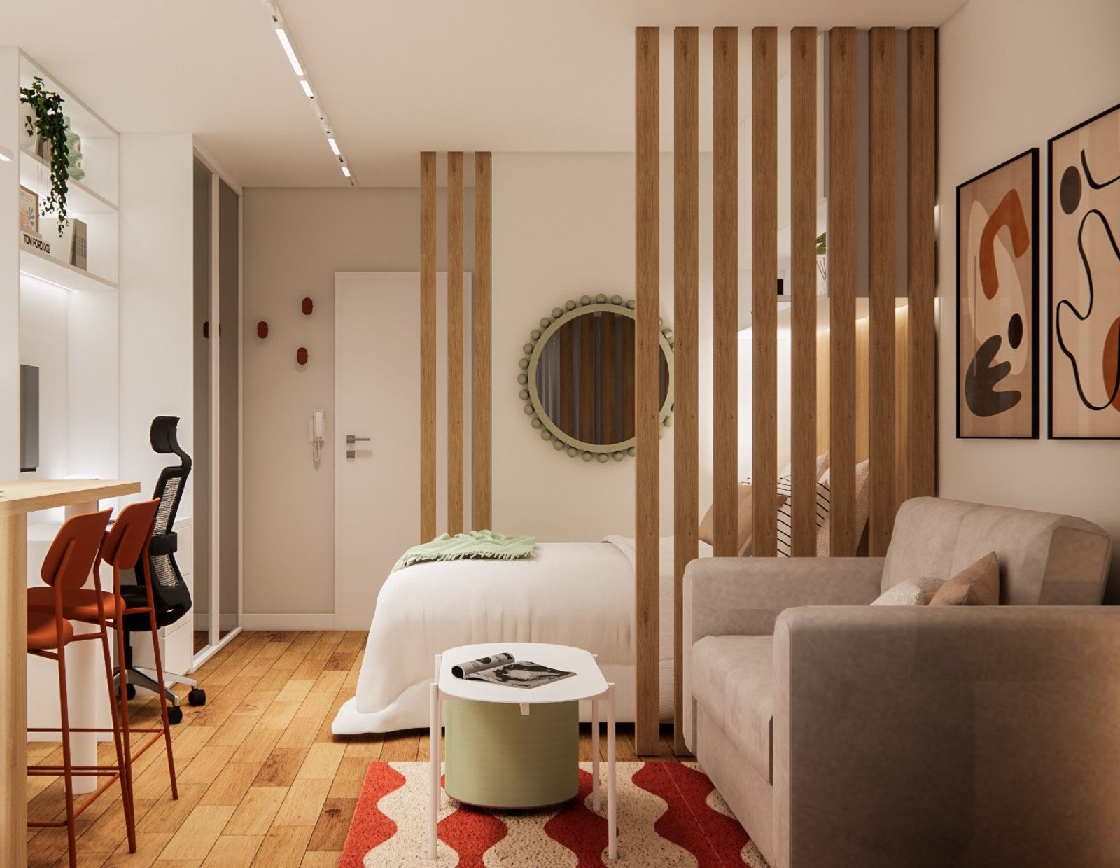 Dormitorio moderno de estilo escandinavo con divisor de lamas de madera — proyecto Diseño de monoambiente colorido, por Mela Deco Design, en Buenos Aires