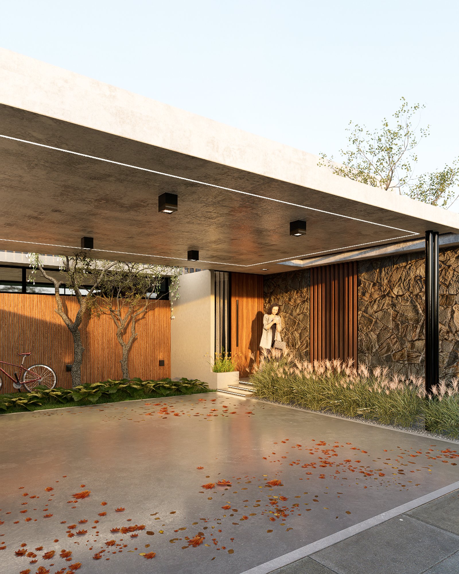 fachada moderna com cobertura de concreto e detalhes em pedra e madeira — projeto T14 - CASA PARASOLES, por Estudio Llobet, em Pilar
