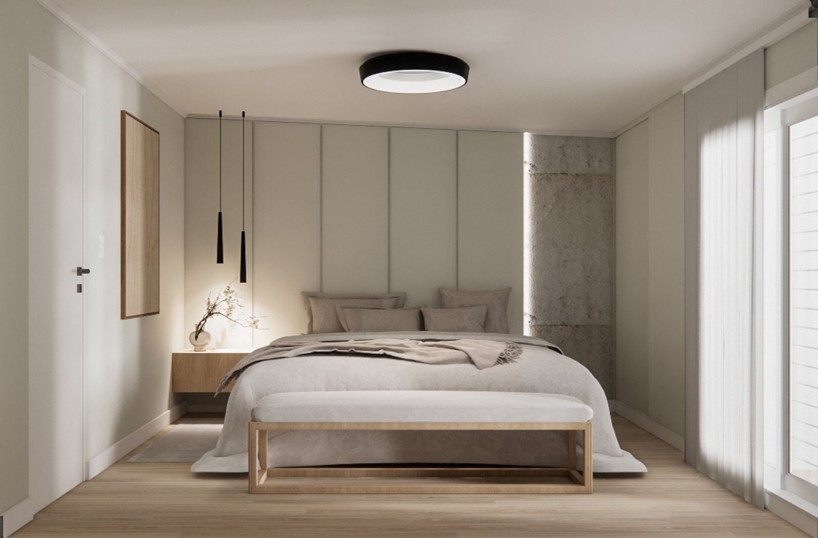 Quarto moderno com cama king, painéis de tecido e iluminação ambiente — projeto Dormitorio moderno y acogedor, por Mela Deco Design