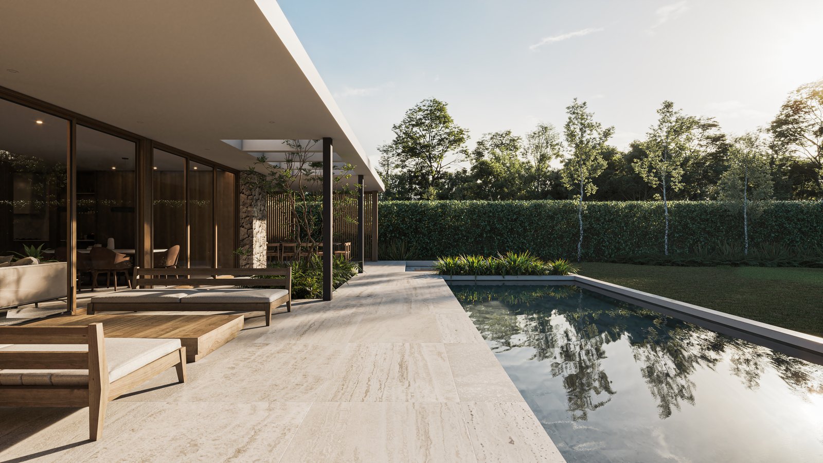 Terraza moderna con piscina y muebles minimalistas — proyecto Casa CITY, por Grupo CRBN, en City Bell