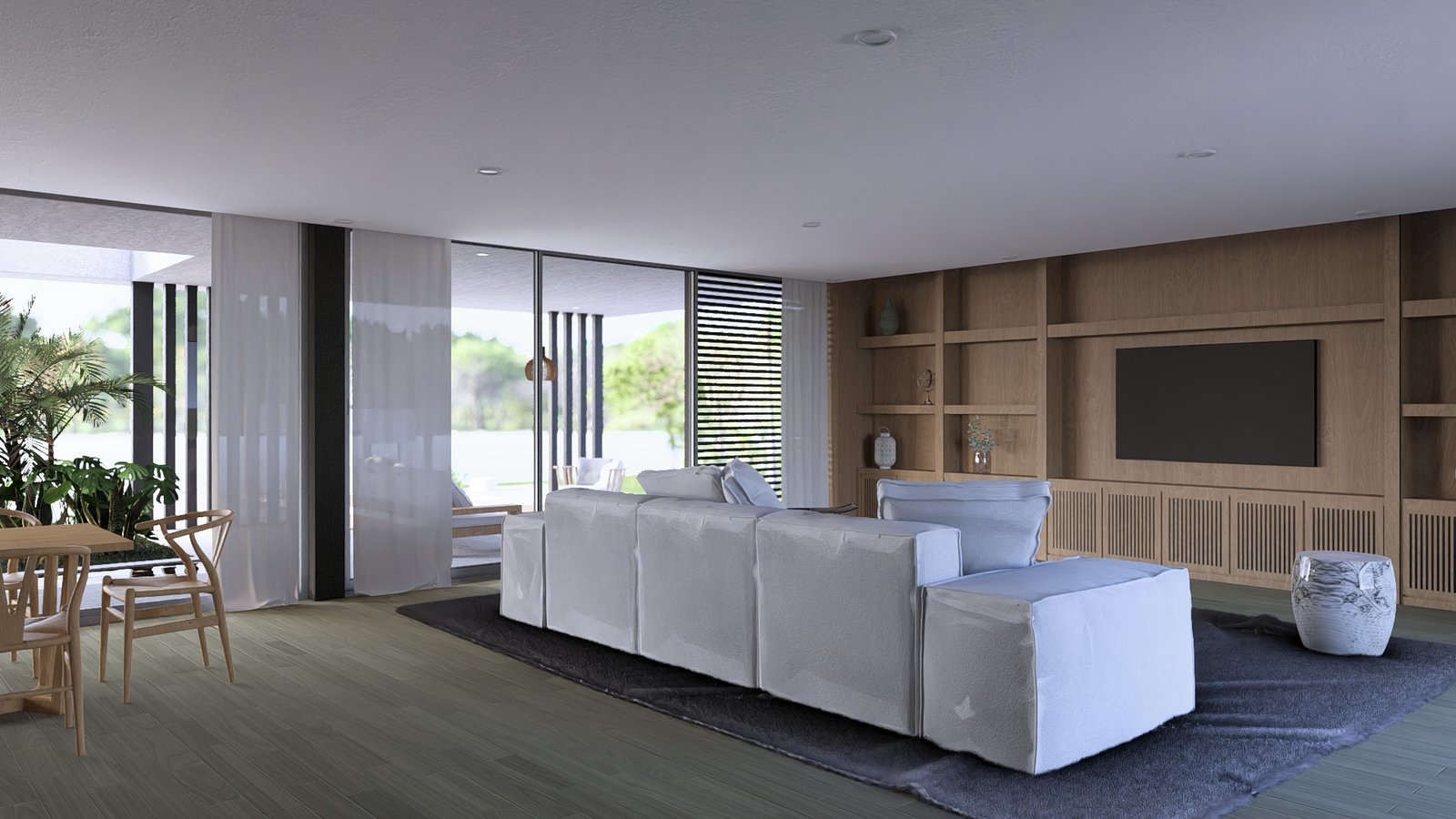 Sala de estar e jantar moderna escandinava com sofá branco e madeira — projeto Casa TL, por Hermann Arquitectos, em J95J+2C