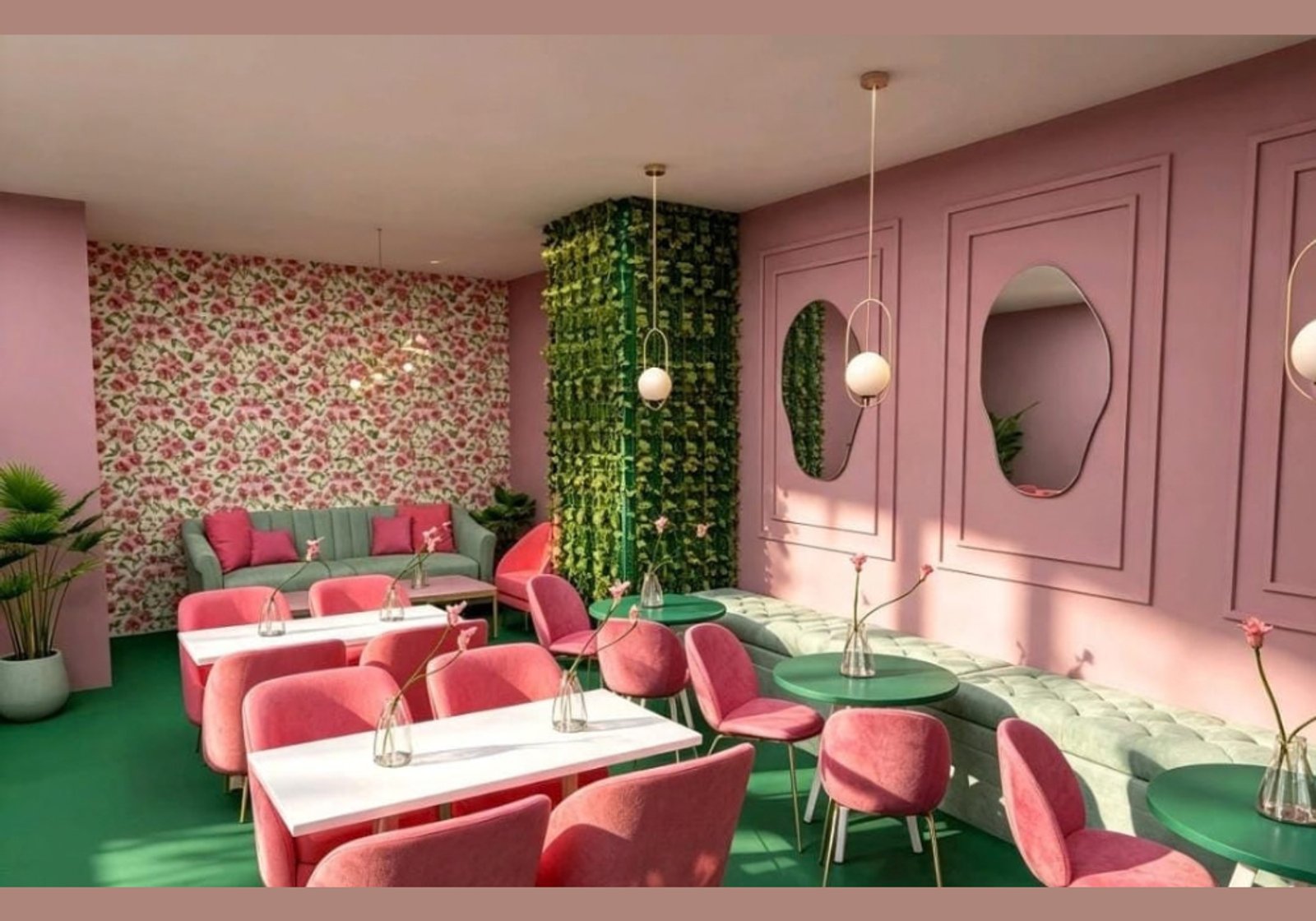 Cafetería moderna y bohemia con pared verde y mobiliario rosa — proyecto Pastelería la Nueva Sirena, por FA DISEÑO Y AMBIENTACION, en Bahía Blanca
