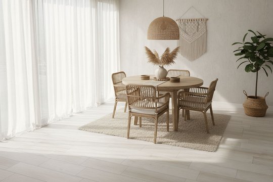 Comedor nórdico-boho con mesa redonda de ratán y luz natural — proyecto Madera, por Cerámica Cañuelas
