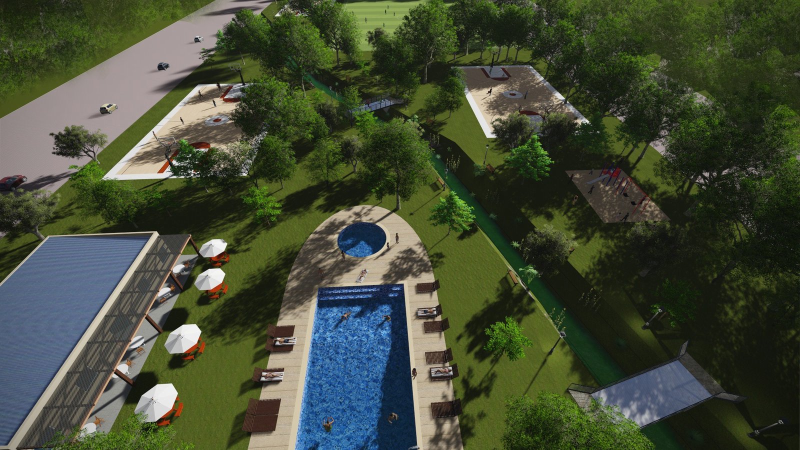 área de piscina moderna con césped exuberante — proyecto Complejo turístico, sindicato de cerveceros Corrientes., por Arquitecto Gustavo Maidana, en Paso de la Patria