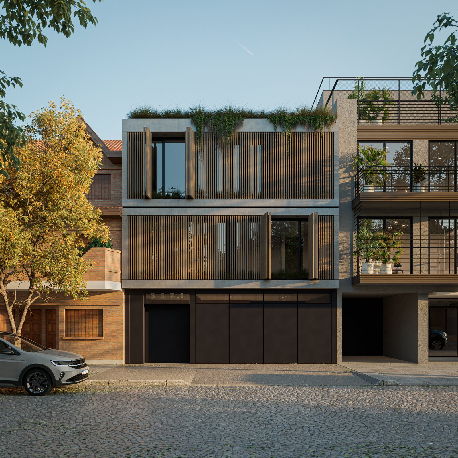 Fachada moderna de edificio residencial con detalles en madera y negro — proyecto Casa IZA, por Grupo CRBN, en Villa Urquiza