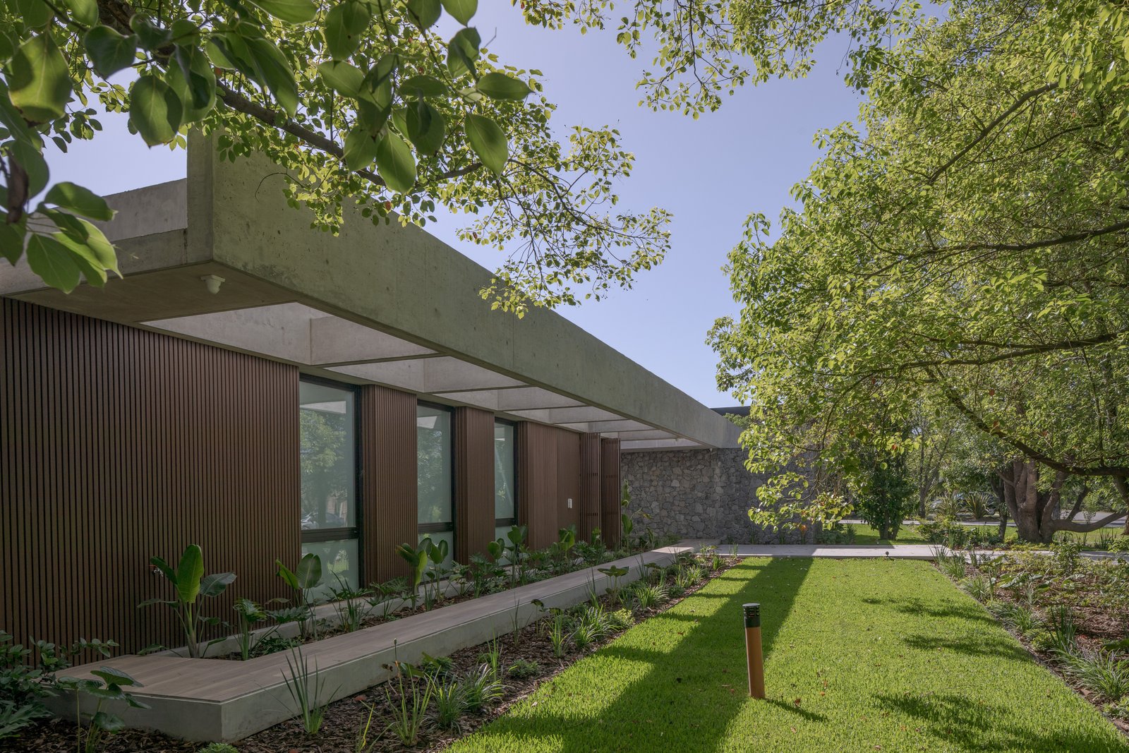 Fachada moderna con revestimiento de madera y vegetación exuberante — proyecto Casa PLANALTO, por Grupo CRBN, en Av. Pres. Perón 10298