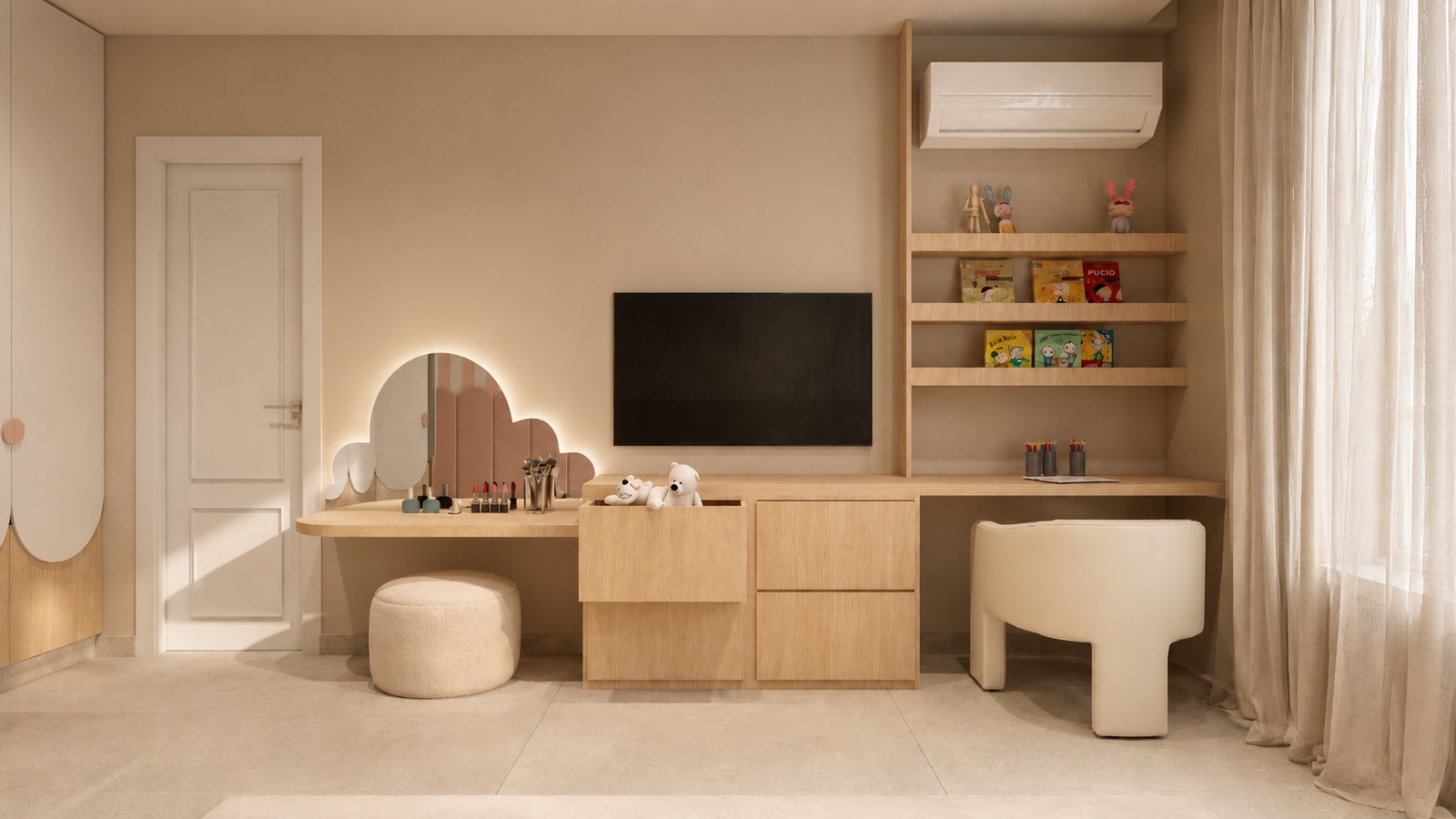 Quarto infantil moderno com escrivaninha, prateleiras e espelho de nuvem — projeto Casa Residencial, por Eniraestudio, em Salto