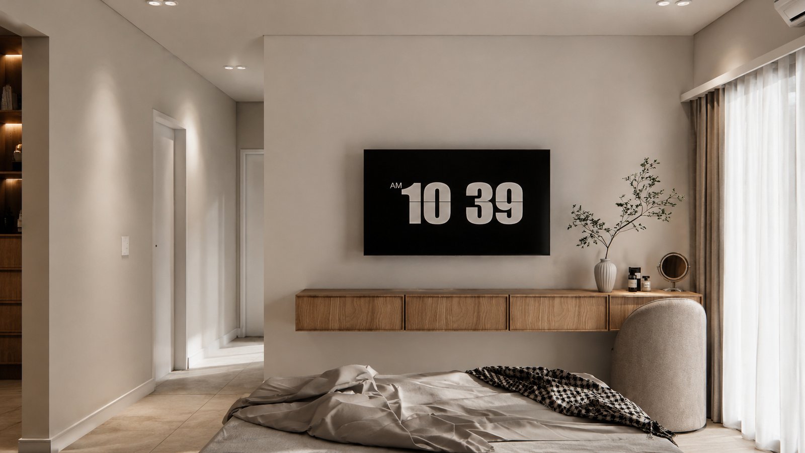 Dormitorio moderno minimalista con estantería flotante y reloj — proyecto Diseño de casa estilo japandi, por Mela Deco Design, en Belén de Escobar
