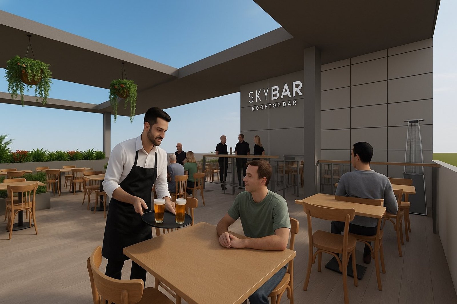 Terraza de bar en rooftop con mesas y sillas de madera oscura — proyecto Edificio de Oficinas, Posadas, Misiones, por Arquitecto Gustavo Maidana, en Posadas