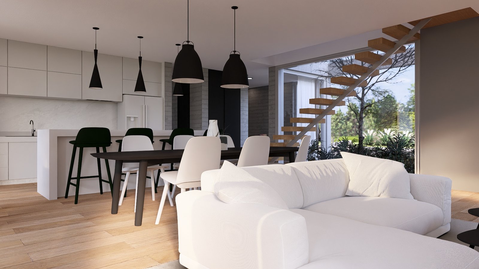 Ambiente moderno de planta abierta con isla de cocina y escalera flotante — proyecto Casa JB, por Hermann Arquitectos, en M775+94