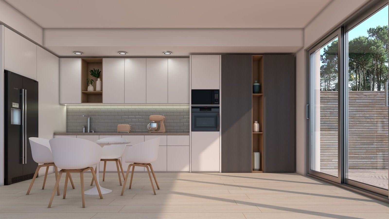 Cozinha escandinava moderna minimalista com sala de jantar integrada — projeto Madera, por Cerámica Cañuelas