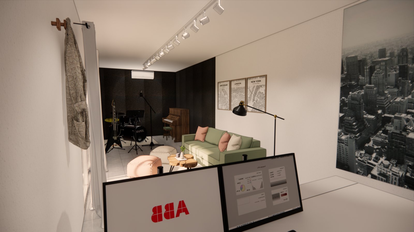 Sala moderna com home office, iluminação quente e madeira — projeto ANTEPROYECTO SALA MULTIFUNCIÓN, por Todo con A, em Villa del Rosario