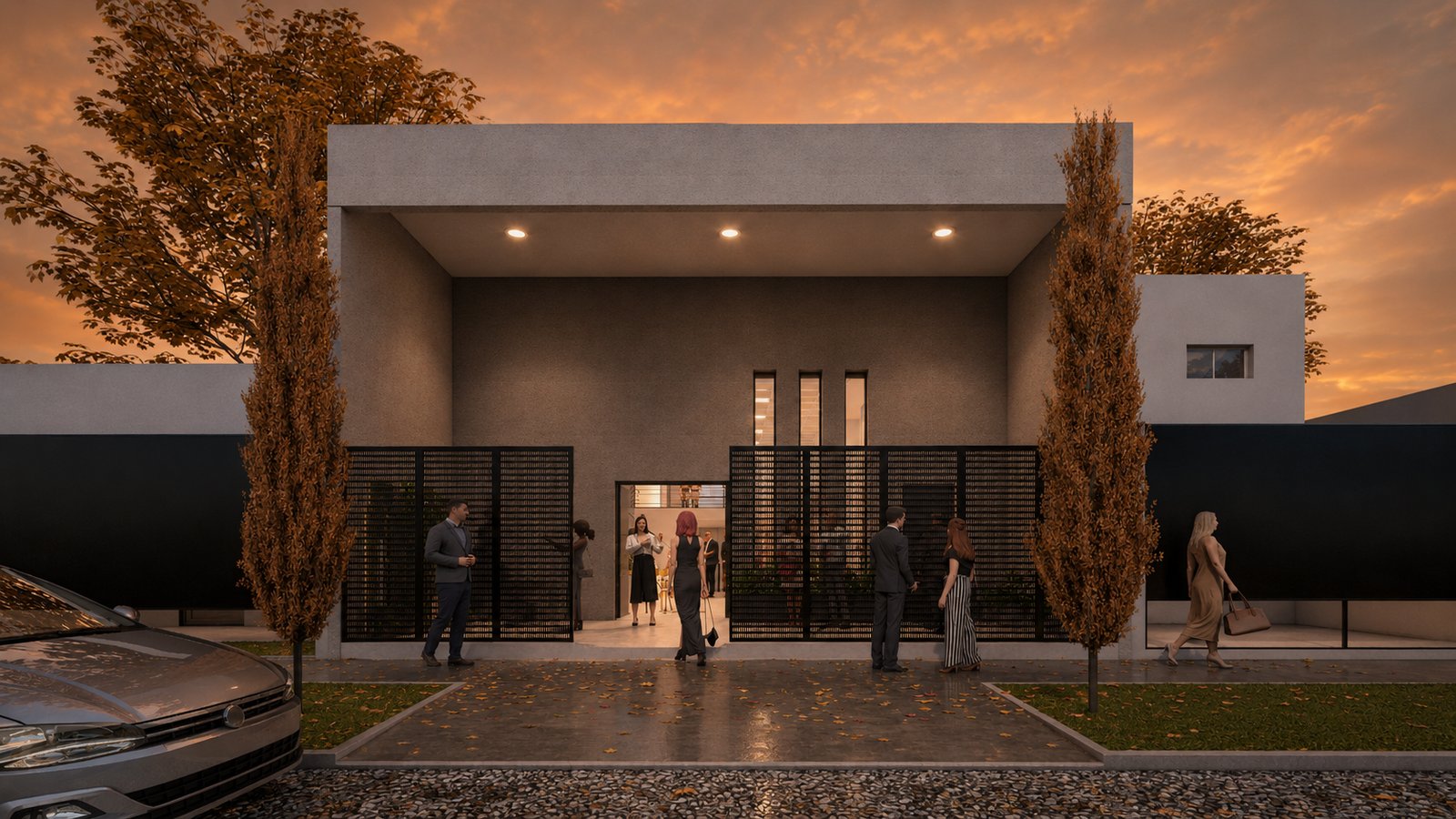 Fachada moderna minimalista con árboles altos al atardecer — proyecto Proyecto Carla, por WILSON ARQUITECTURA, en Manzone