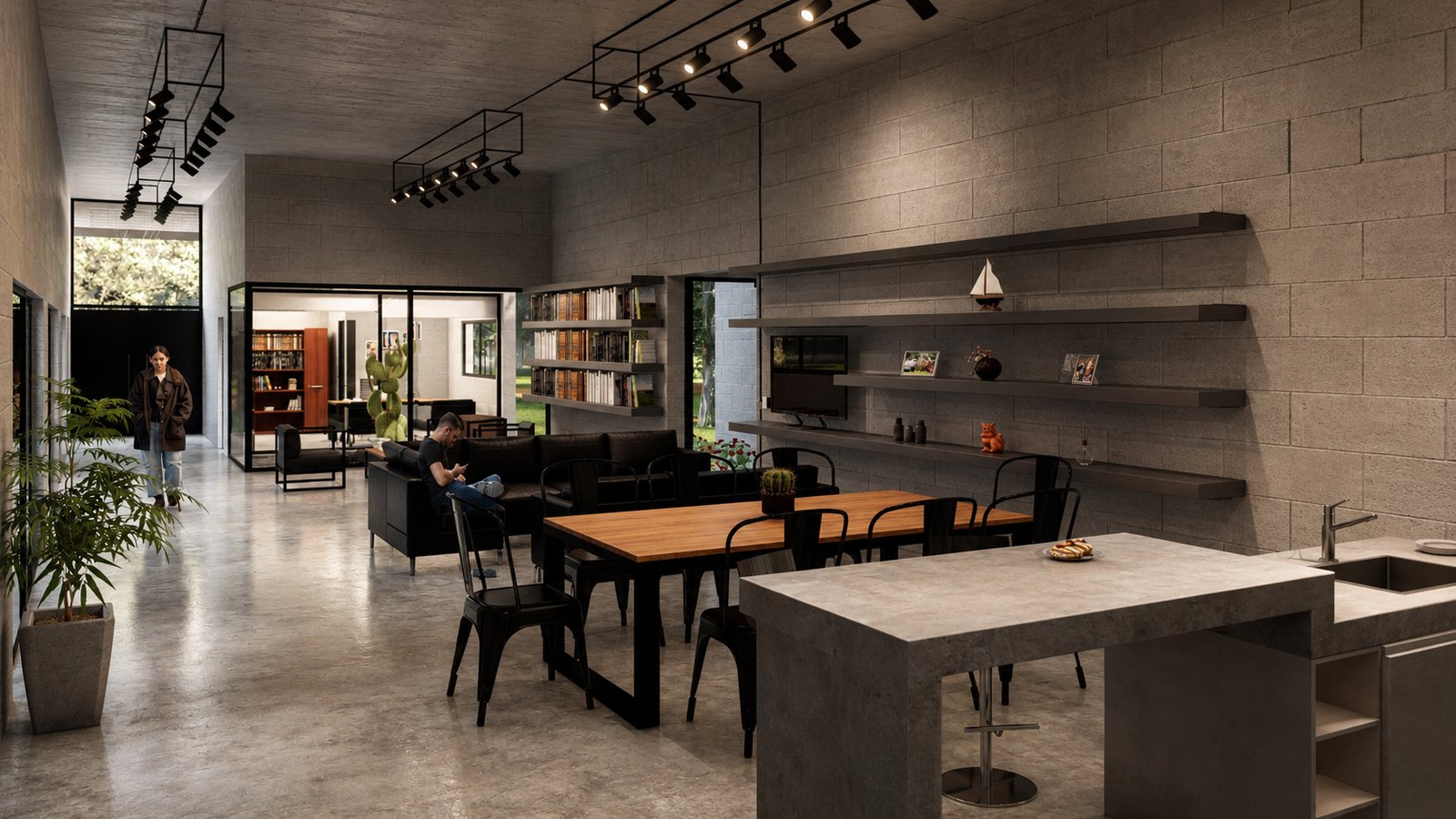 Living comedor moderno industrial con hormigón visto y madera — proyecto Casa Del Limonero, por WILSON ARQUITECTURA, en Presidente Derqui