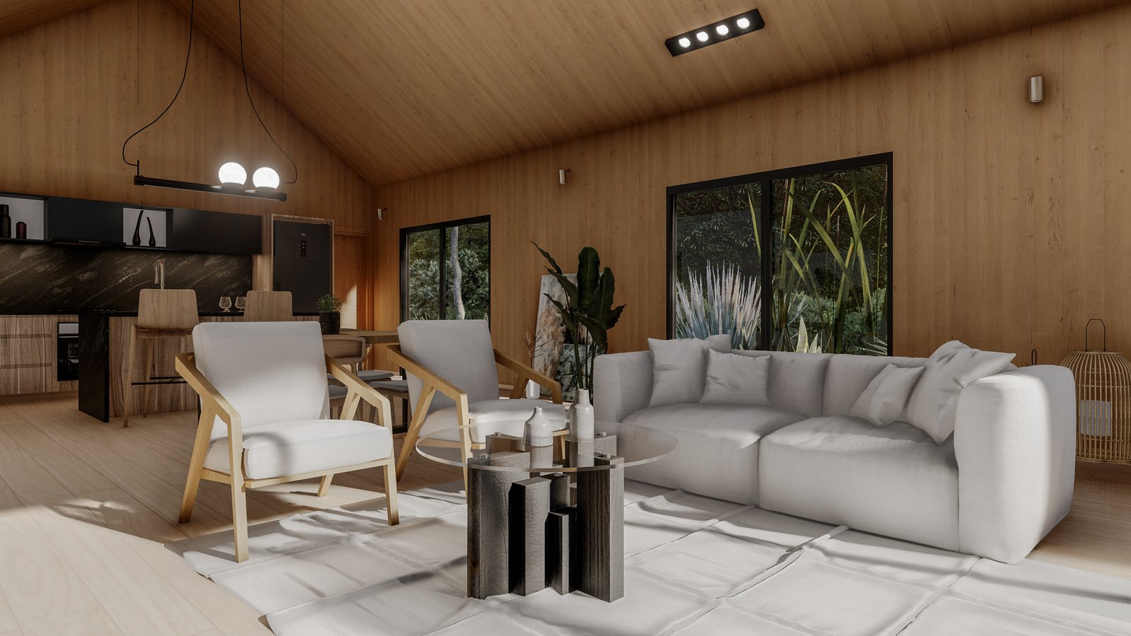 Living comedor de madera con sofá blanco y ventanales — proyecto Nordic House Yakisugi, por Grupo Steimberg , en San Carlos de Bariloche
