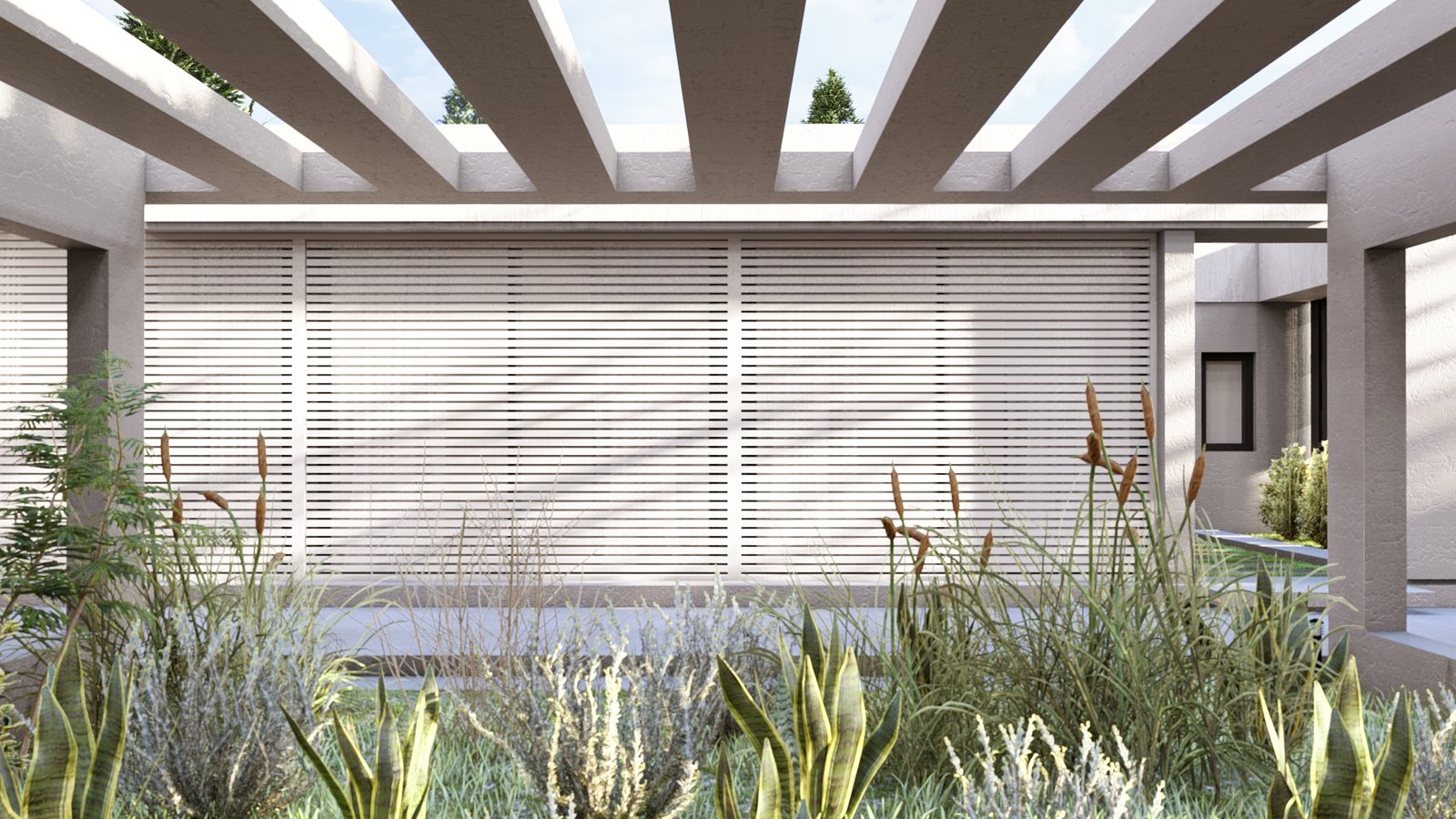 fachada moderna com pergolado e vegetação exuberante — projeto Casa JM, por Hermann Arquitectos, em X6VF+67