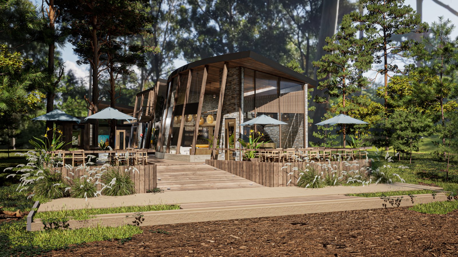 pabellón moderno en bosque con deck — proyecto Paseo Comercial Costa del Este, por COMOTTO - SOMMER  - ARQUITECTOS, en Costa del Este