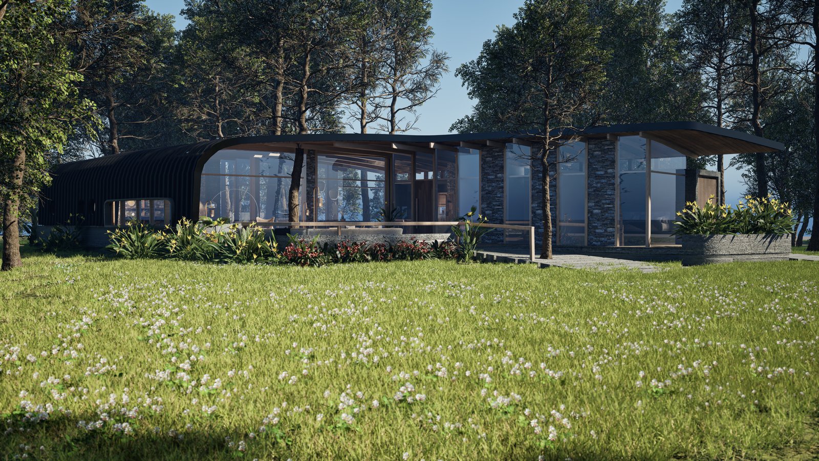 Casa moderna curva con mucha cristalera en bosque — proyecto Casa Corteza, por COMOTTO - SOMMER  - ARQUITECTOS, en Blvd. La Alameda