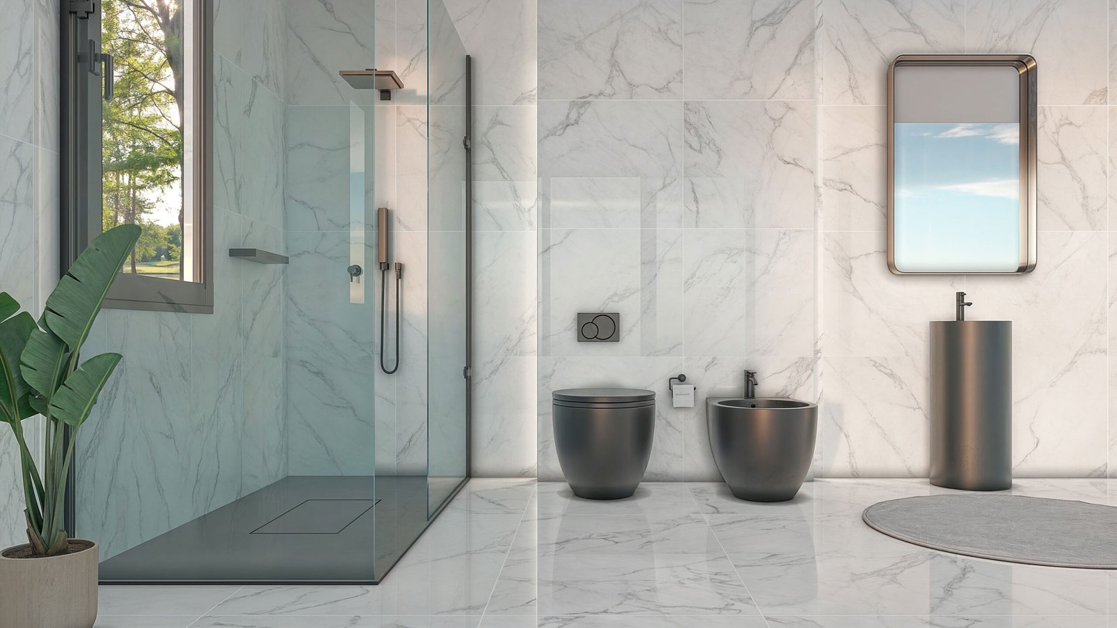 Banheiro moderno com mármore branco, detalhes pretos e muita luz — projeto Marmol, por TENDENZA, em Buenos Aires