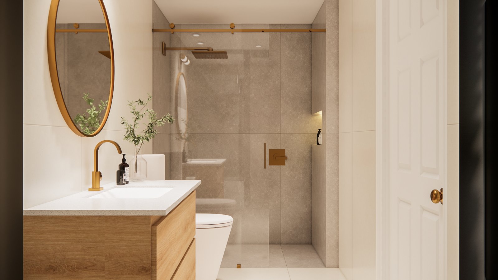 Baño moderno con detalles dorados y vanitory de madera — proyecto Departamento funcional y acogedor, por Mela Deco Design, en Buenos Aires