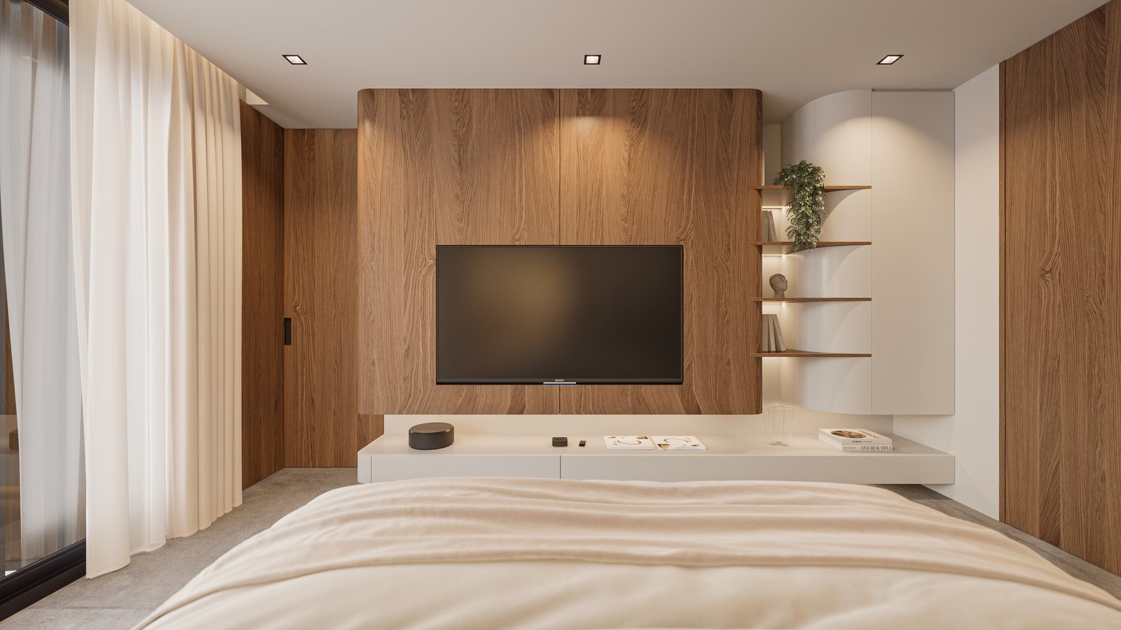 Dormitorio moderno con panelado de madera y luz indirecta — proyecto Casa IZA, por Grupo CRBN, en Villa Urquiza