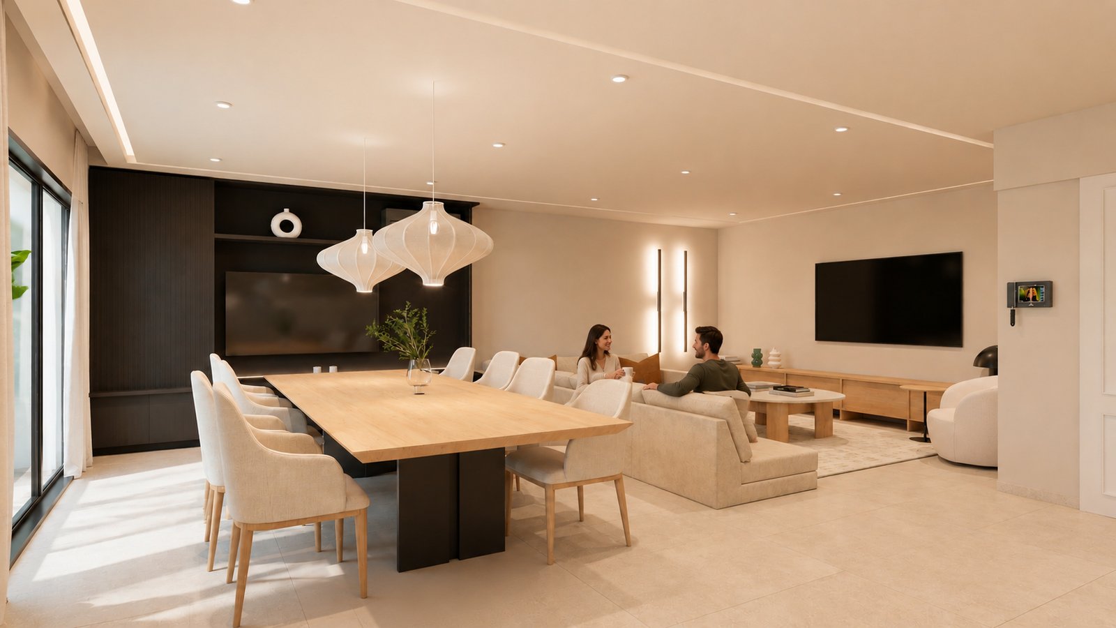 Living comedor moderno con iluminación cálida y muebles de madera — proyecto Casa Residencial, por Eniraestudio, en Salto