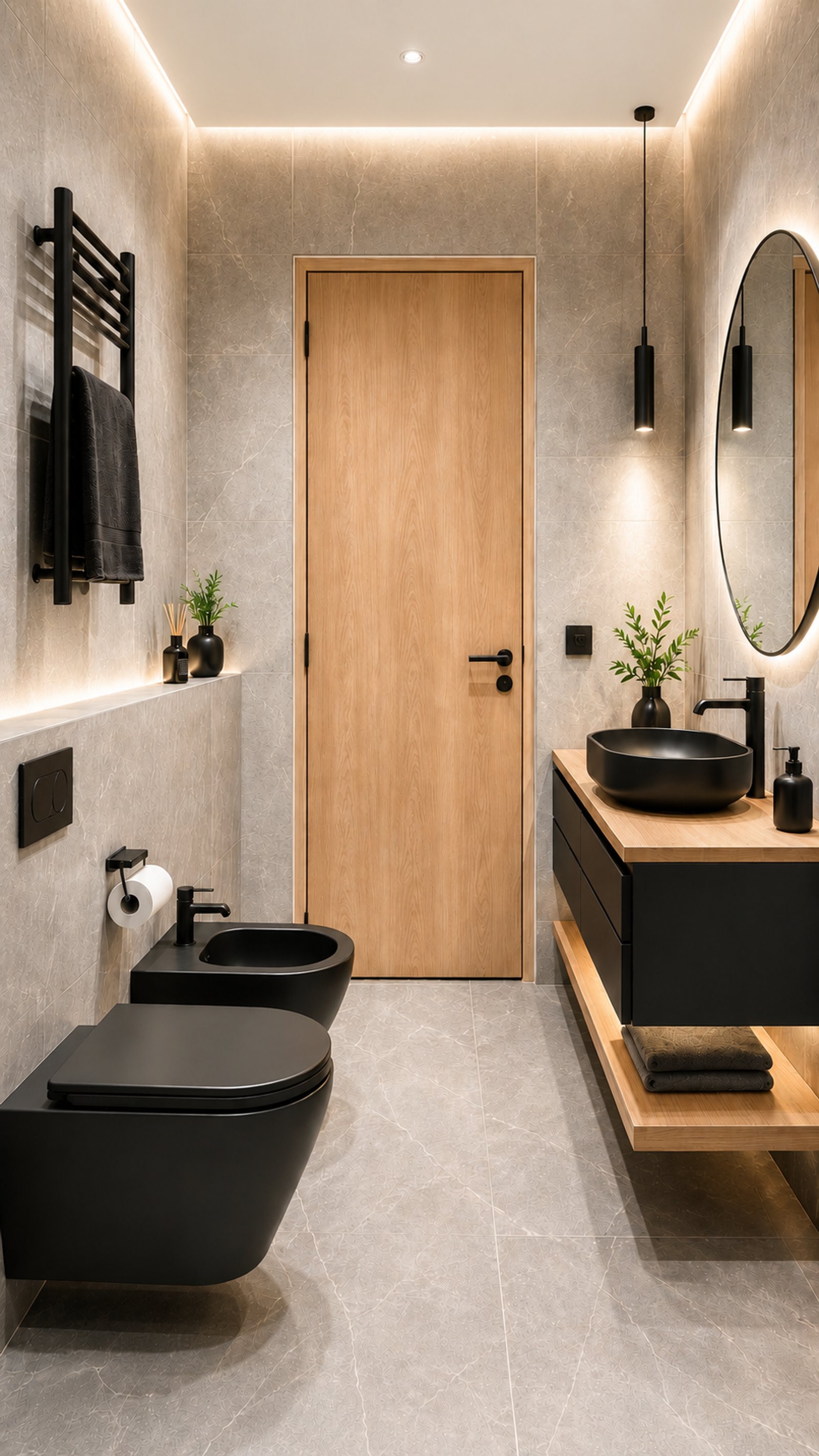Baño moderno con inodoro y bidet negros, lavabo de piedra y muebles de madera — proyecto Reforma baño , por Inva interiorismo, en Buenos Aires