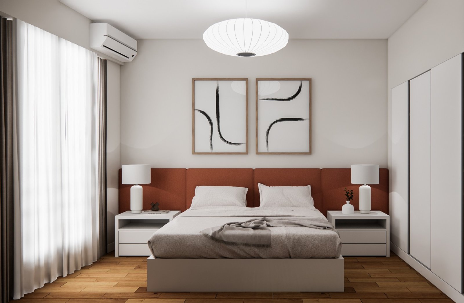 Dormitorio moderno minimalista con panel de pared terracota — proyecto Diseño de departamento contemporáneo y colorido, por Mela Deco Design, en Buenos Aires