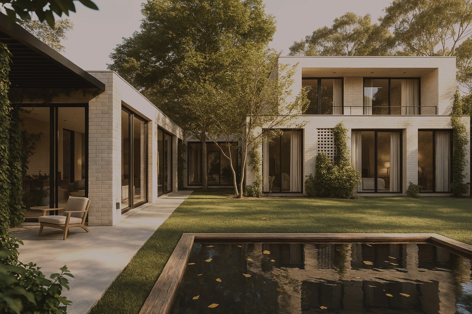 fachada moderna con patio interior y vegetación prominente — proyecto Casa Sonne, por zuloagastudio, en San Isidro