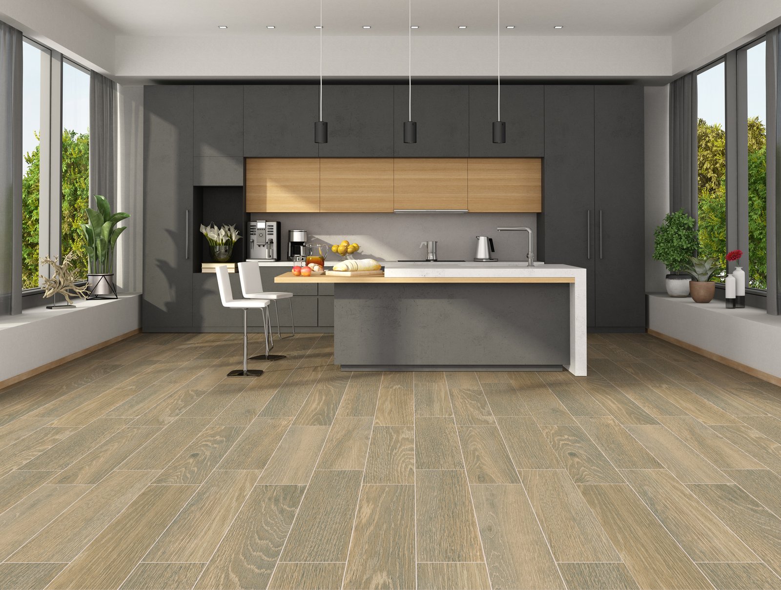 Cocina moderna minimalista con isla de mármol y suelo de madera — proyecto 20x80, por Cerámica Alberdi 