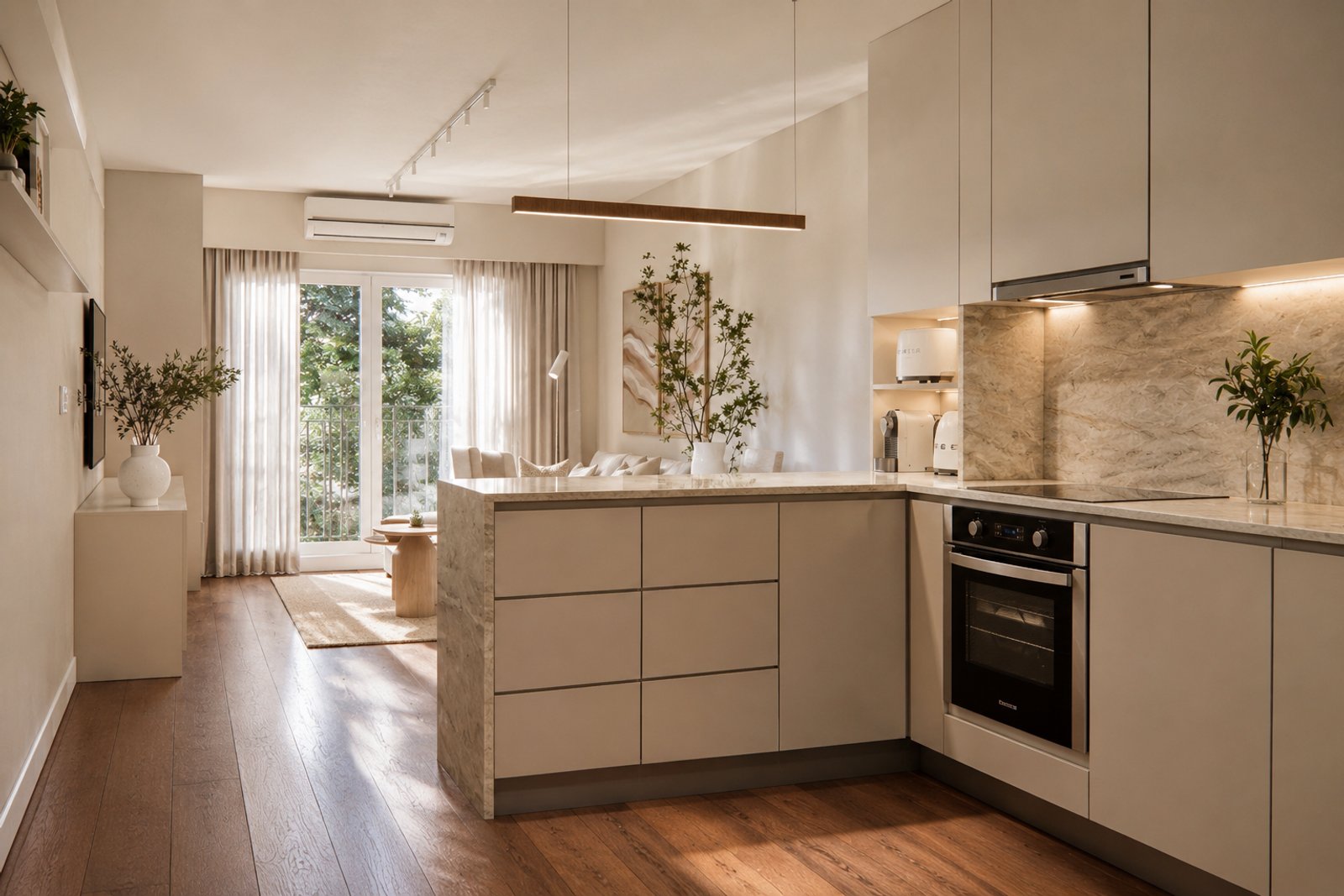 Cocina moderna abierta estilo escandinavo con isla y acabados neutros — proyecto Reforma de departamento minimalista , por Mela Deco Design, en Buenos Aires