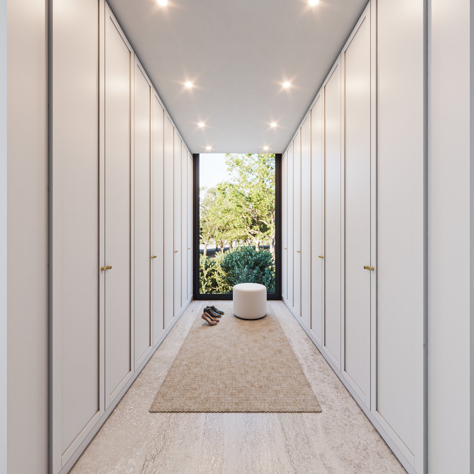 Pasillo minimalista moderno con ventana al exterior y muebles empotrados — proyecto Casa GOLF, por Grupo CRBN, en Ruta Panamericana Nº. 9