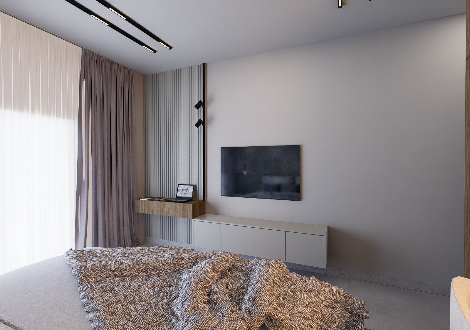 Quarto moderno minimalista com tapete texturizado e escrivaninha flutuante — projeto Rivadavia, por MEG estudio, em Ciudad de Corrientes